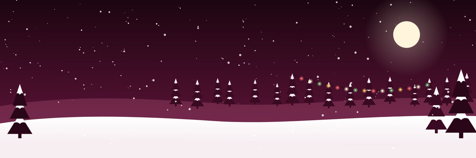 Illustrated snowy winter night with Christmas trees and fairy lights