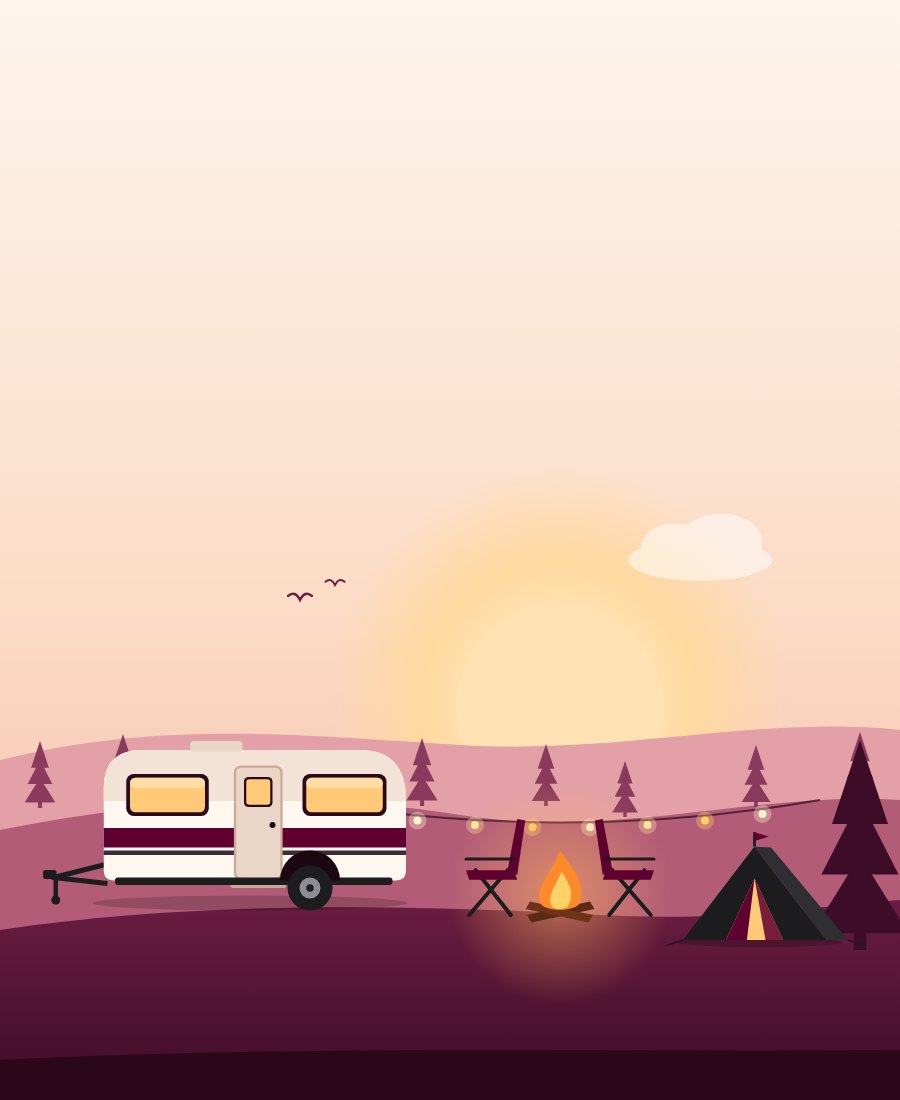 Illustration of a caravan, tent and campfire at sunset