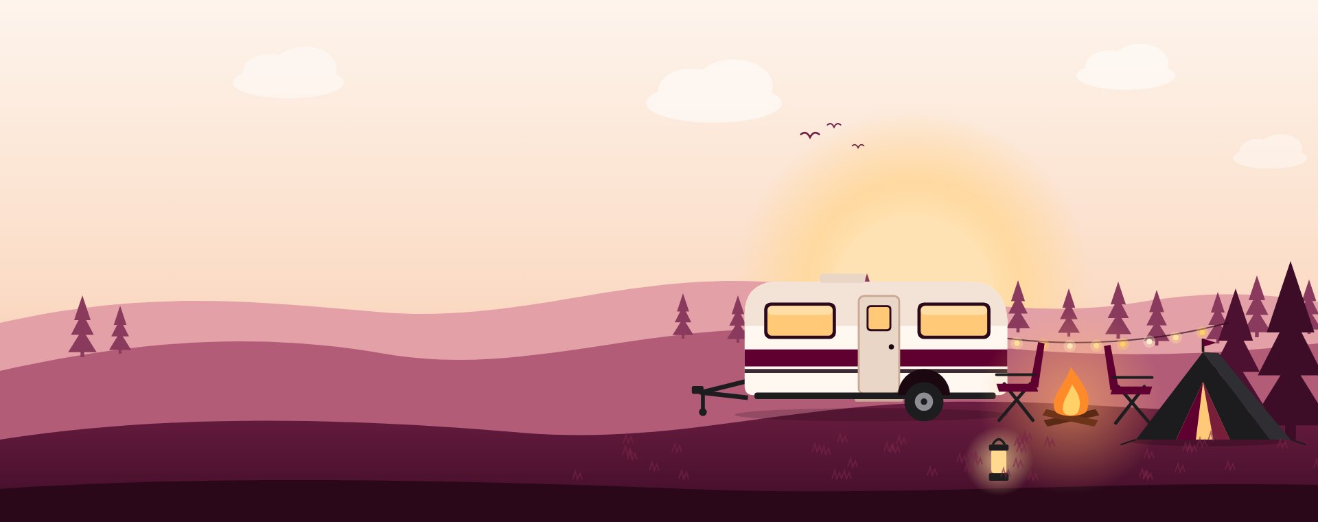 Illustration of a caravan, tent and campfire at sunset on rolling hills