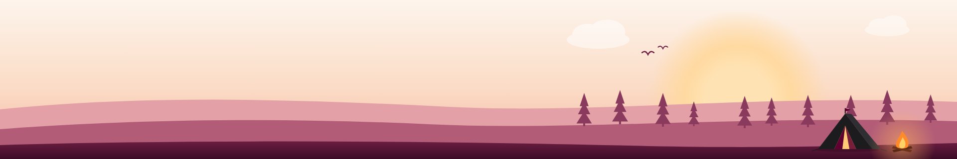 Illustrated sunset over hills with a tent and campfire