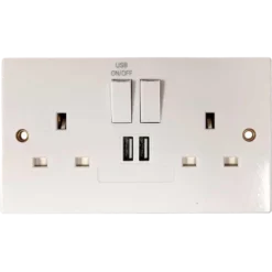 Square Edged Double Switched Socket with 2 x USB Ports White