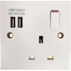 Square Edged Single Switched Socket With 2 x USB Ports White